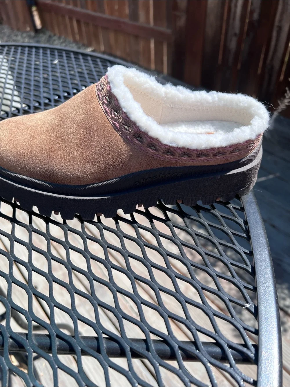 Skechers Brown Faux-Suede Slip-On Clogs with White Sherpa Trim - Picture 8 of 14